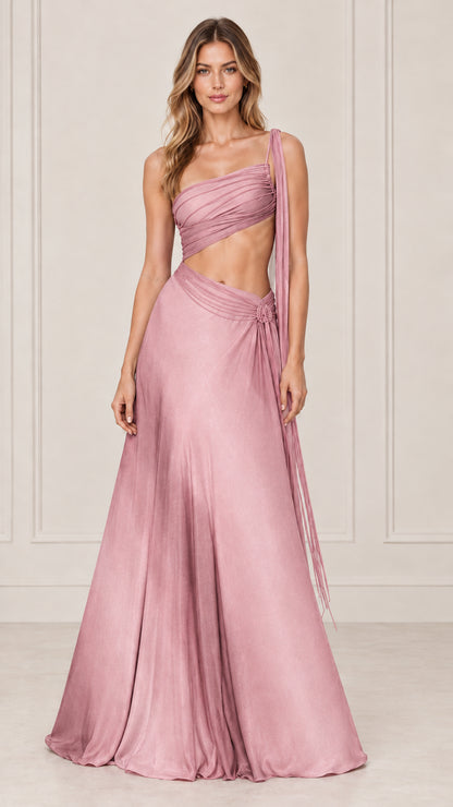 Front view of model wearing dusty rose pink one-shoulder cutout formal maxi gown