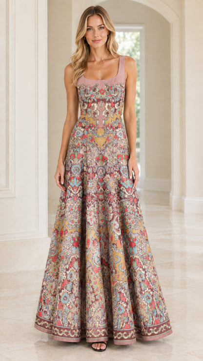 Front view of woman wearing dusty rose pink tapestry print sleeveless floor length gown