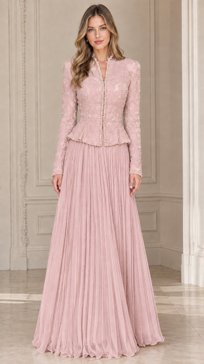 Blush pink embellished peplum jacket and pleated maxi skirt evening set