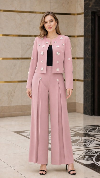 Model wearing dusty pink embellished formal pant suit set