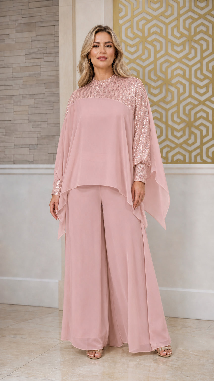 Full front view of dusty pink sequin two-piece formal pant set