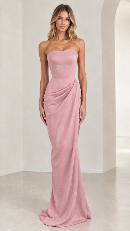 Model wearing dusty pink strapless sweetheart column evening gown