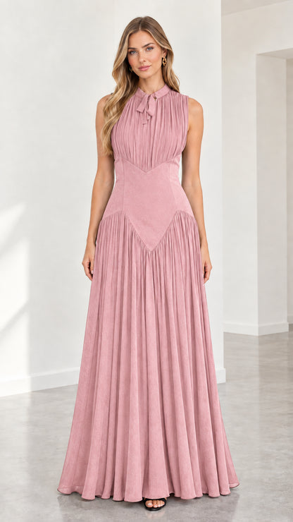 Dusty pink sleeveless pleated maxi formal evening gown