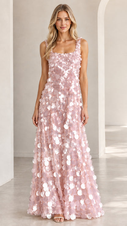 Front view of blush pink square neck sequin formal maxi dress