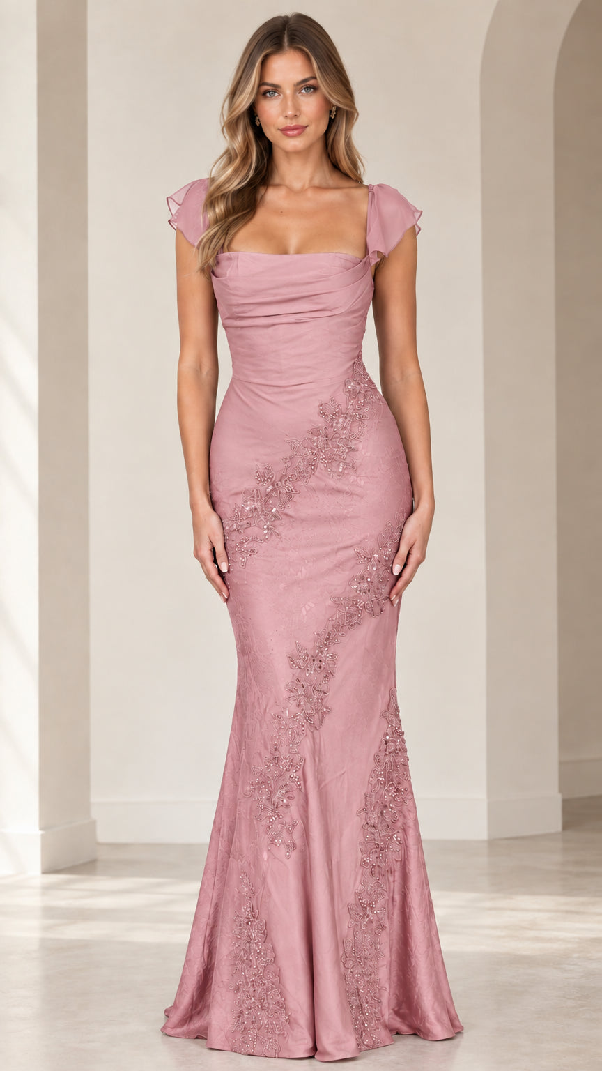 Front view of dusty rose flutter sleeve mermaid evening gown with subtle lace embroidery