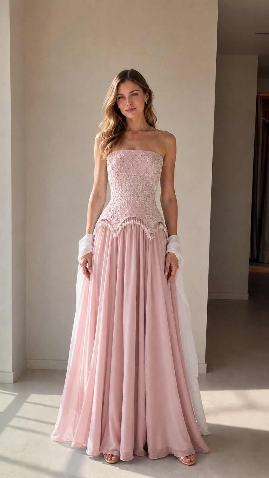 Model wearing blush pink strapless beaded corset evening gown with matching shawl