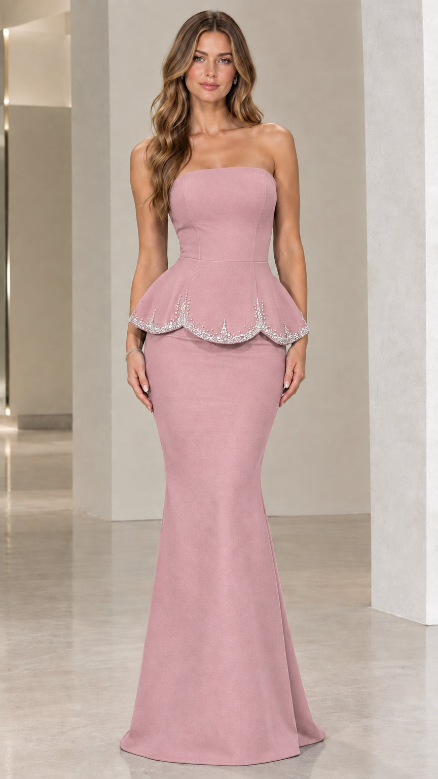 Dusty pink strapless rhinestone peplum mermaid evening dress