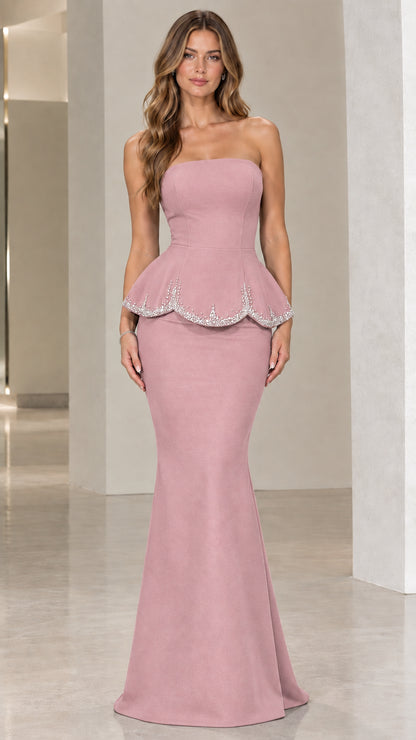 Dusty pink strapless rhinestone peplum mermaid evening dress