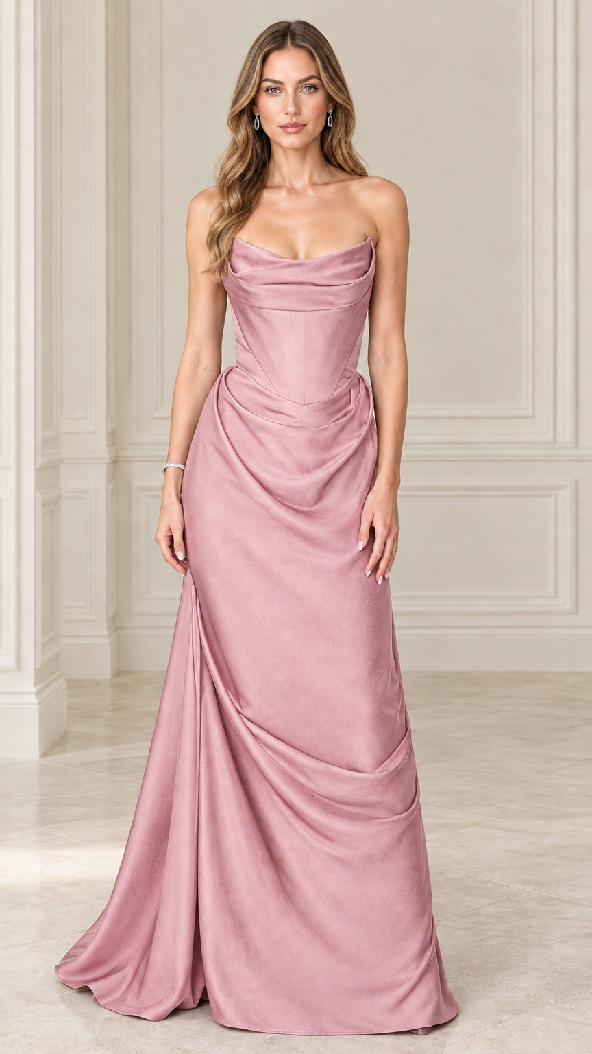Model wearing dusty pink strapless satin corset draped maxi dress