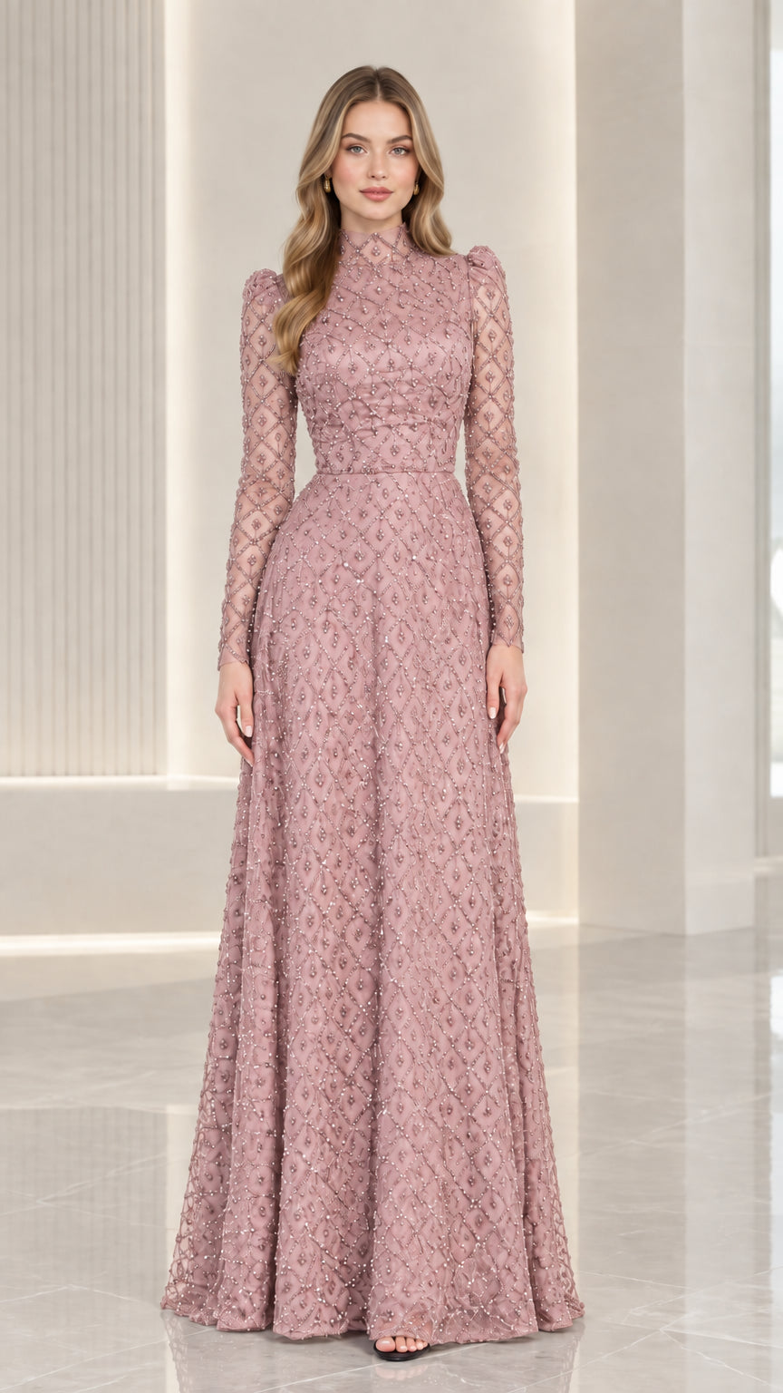 Front view of model wearing dusty pink high neck beaded long sleeve evening gown