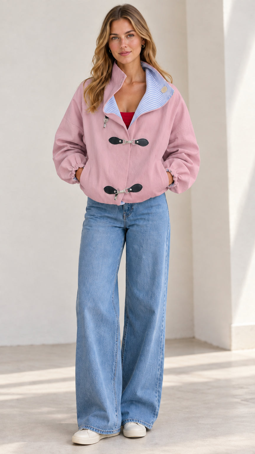 Front full-length view of the dusty pink toggle casual jacket paired with jeans