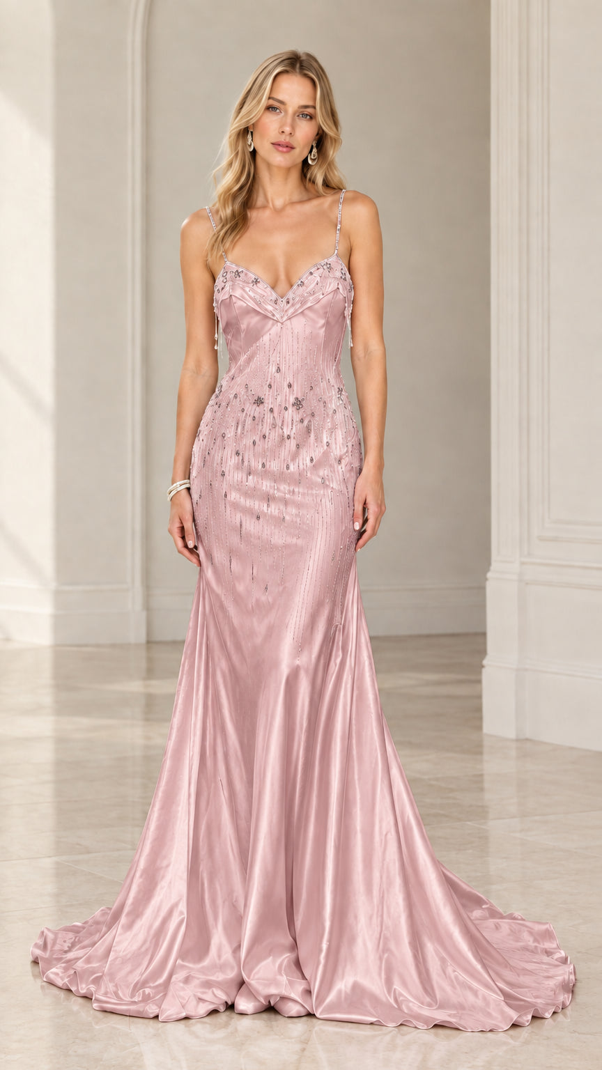 Dusty pink embellished satin formal gown on model