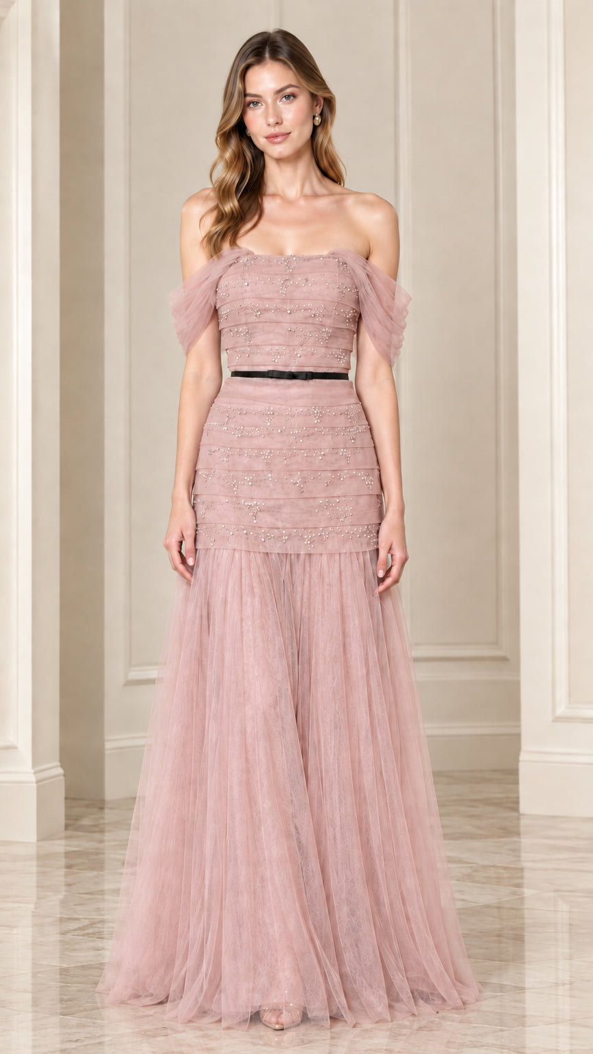 Full-length front view of dusty rose pink off-the-shoulder beaded tulle evening gown