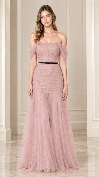 Full-length front view of dusty rose pink off-the-shoulder beaded tulle evening gown