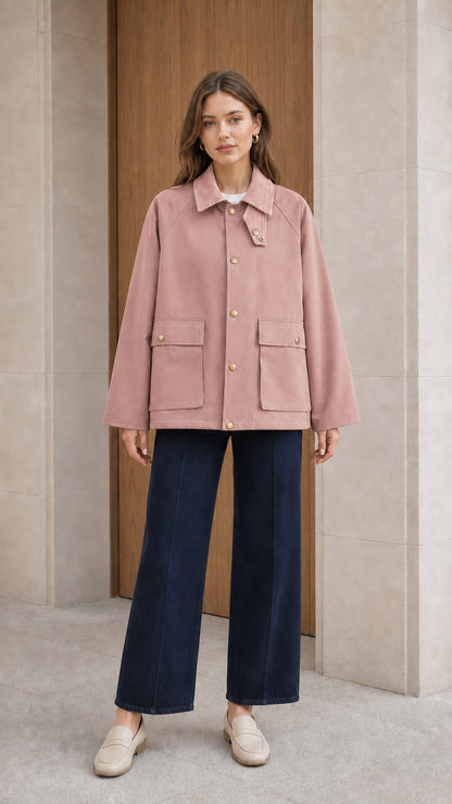 Full body view of model wearing dusty pink corduroy collar utility jacket