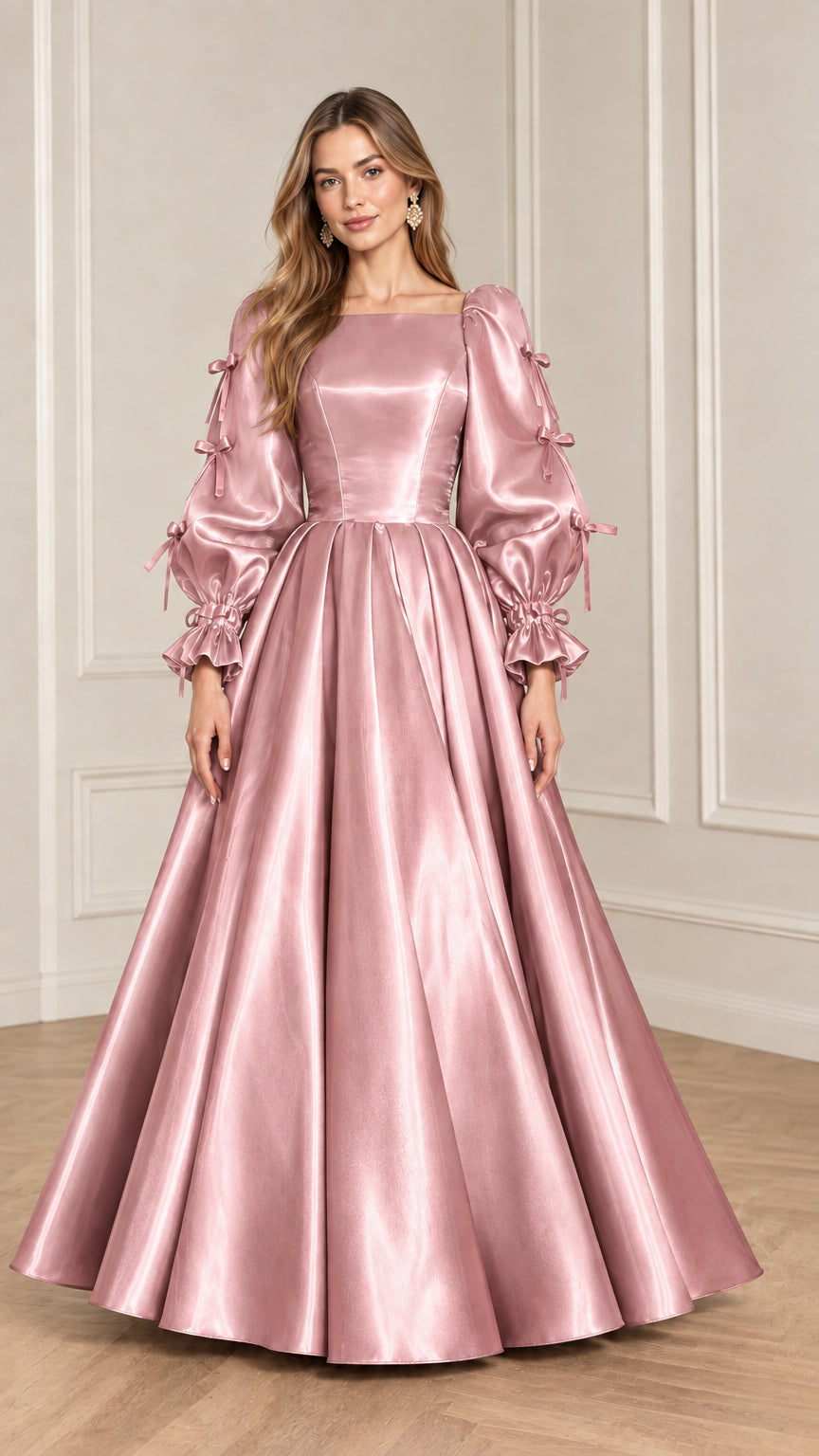Full-length front view of model wearing Rose Pink satin puff sleeve ball gown