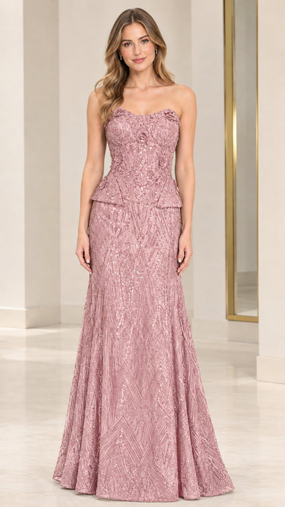 Dusty Rose strapless sequin peplum evening gown front view