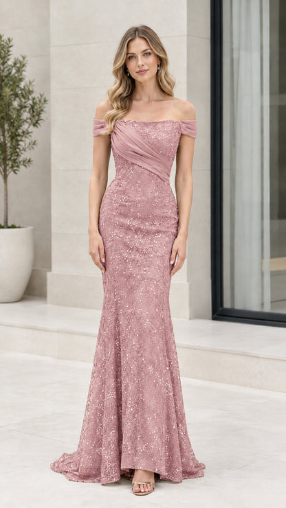 Dusty rose off-the-shoulder sequined lace formal maxi gown