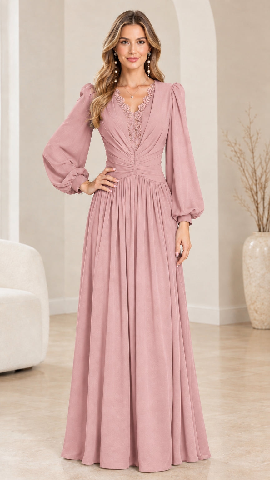 Dusty rose pink long sleeve lace V-neck formal maxi gown on model