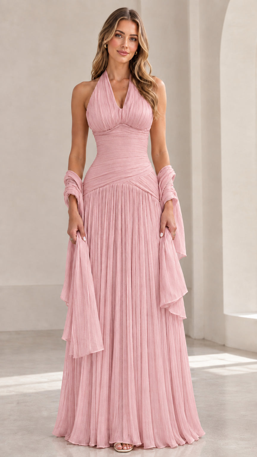 Full-length Blush Pink halter pleated evening maxi dress with wrap
