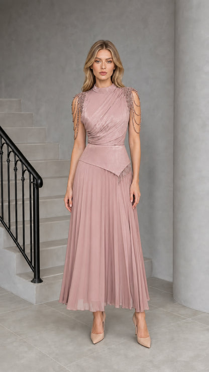 Dusty Rose Mock Neck Beaded Fringe Pleated Maxi Dress