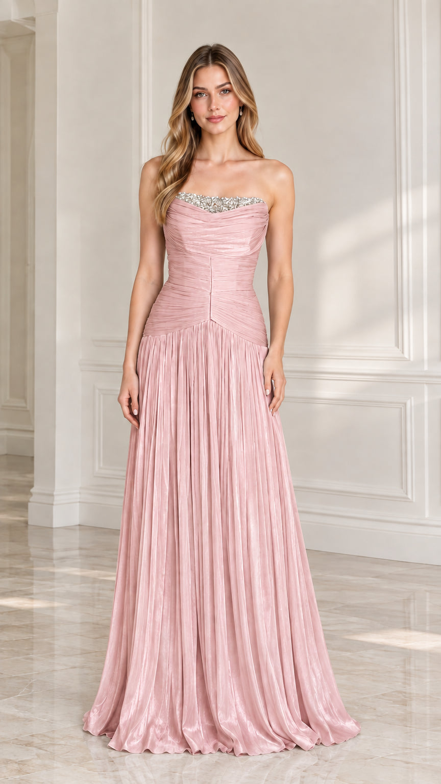 Full-length blush pink strapless ruched evening gown with pleated skirt