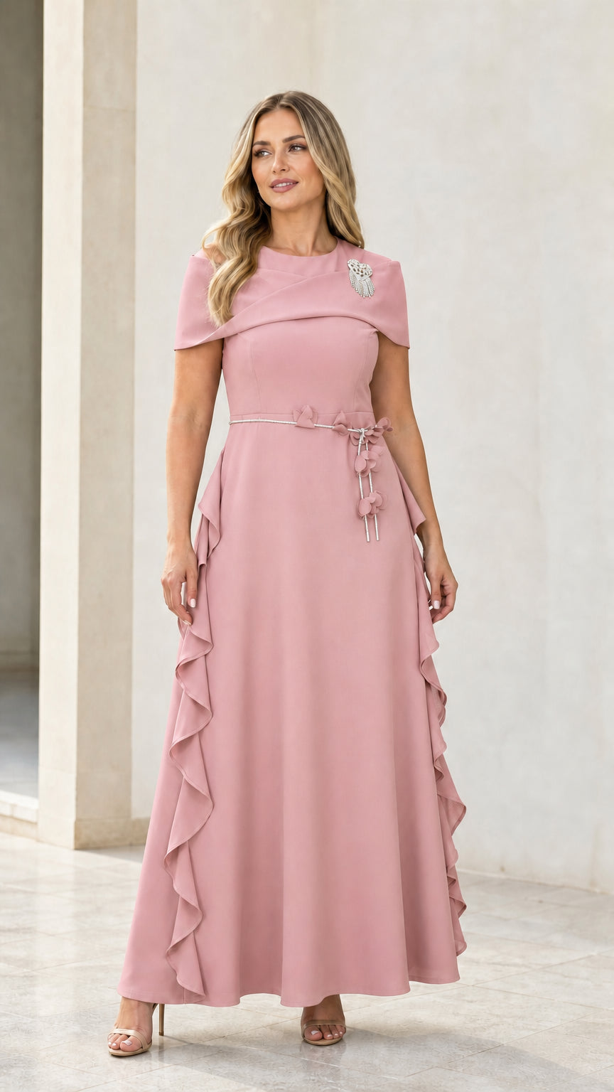 Dusty pink elegant ruffle trim formal maxi gown