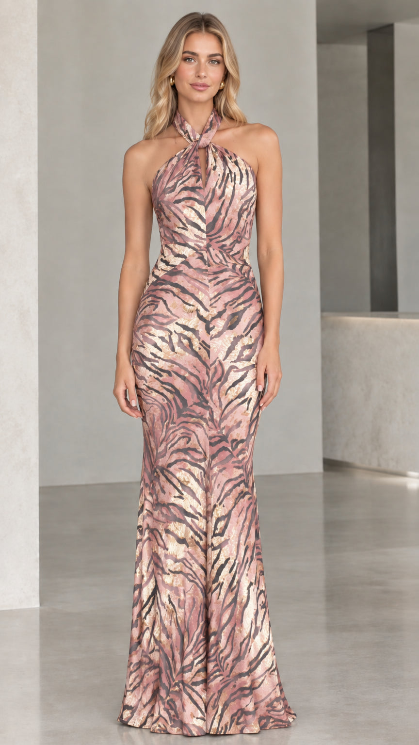 Model wearing Dusty Rose shimmering tiger pattern halter evening gown