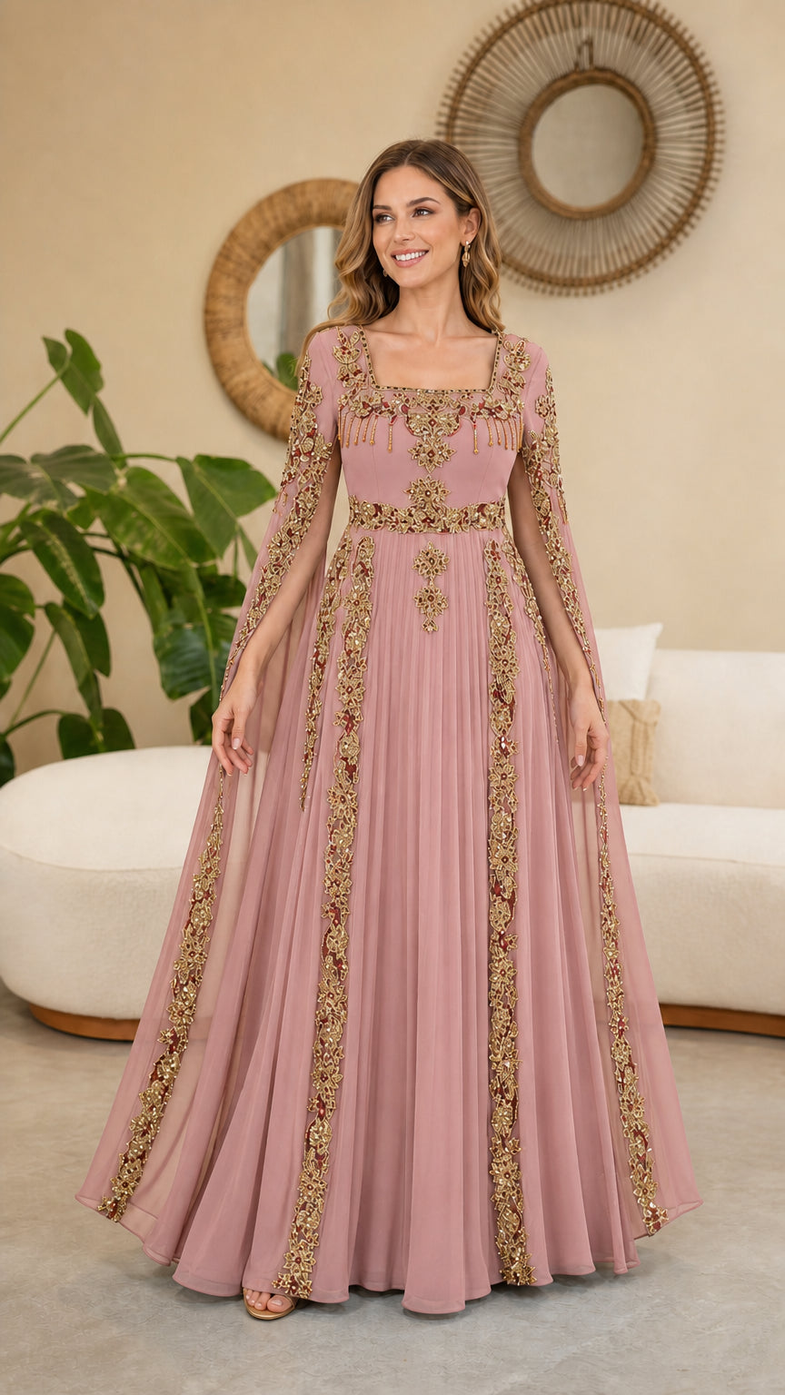 Model wearing Dusty Pink embroidered cape sleeve evening gown