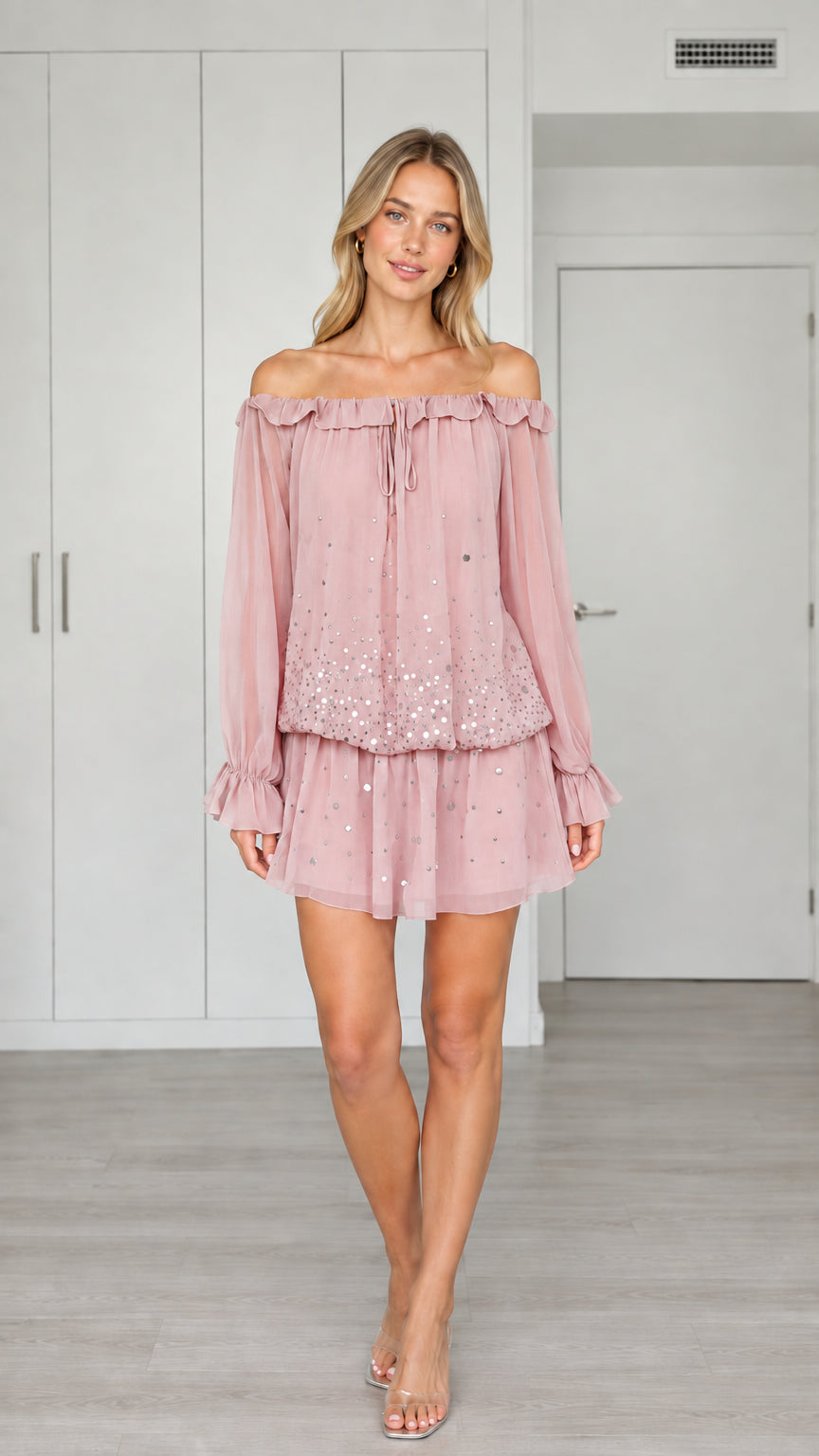 Front view of woman wearing Dusty Pink off-the-shoulder sequin chiffon mini dress