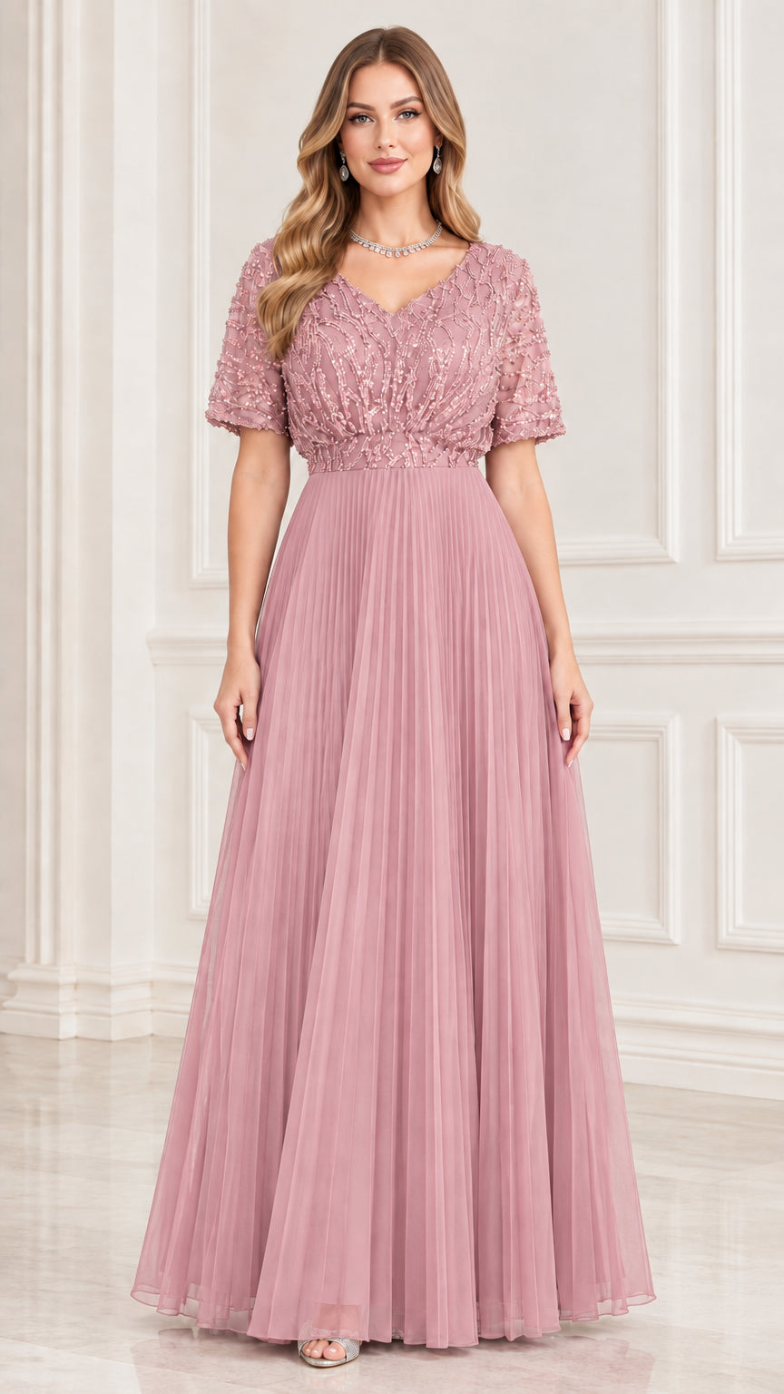 Full length dusty rose sequin beaded V-neck pleated maxi dress