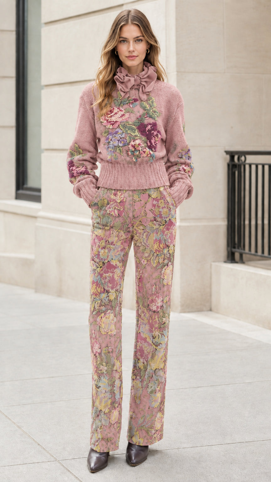 Model wearing Dusty Rose floral embroidered sweater and matching pants set