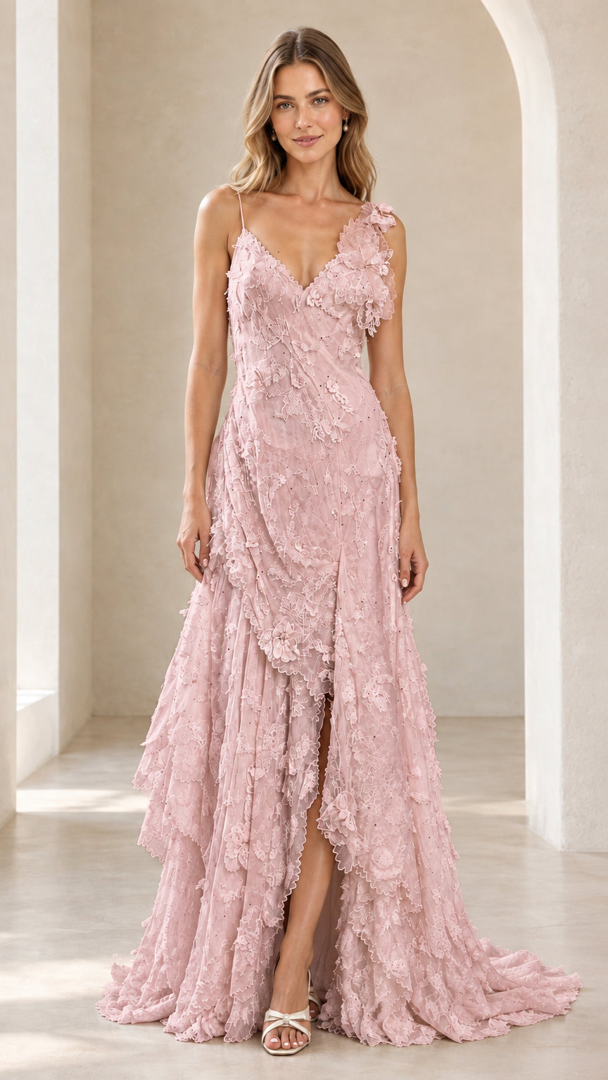 Front view of model wearing the blush pink 3D floral tiered lace maxi evening dress