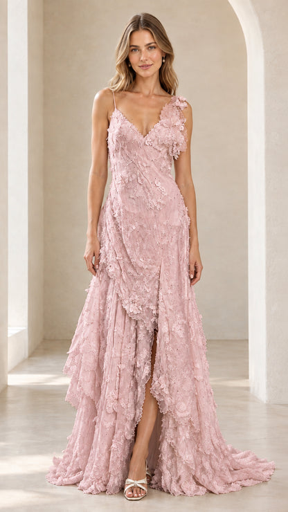 Front view of model wearing the blush pink 3D floral tiered lace maxi evening dress