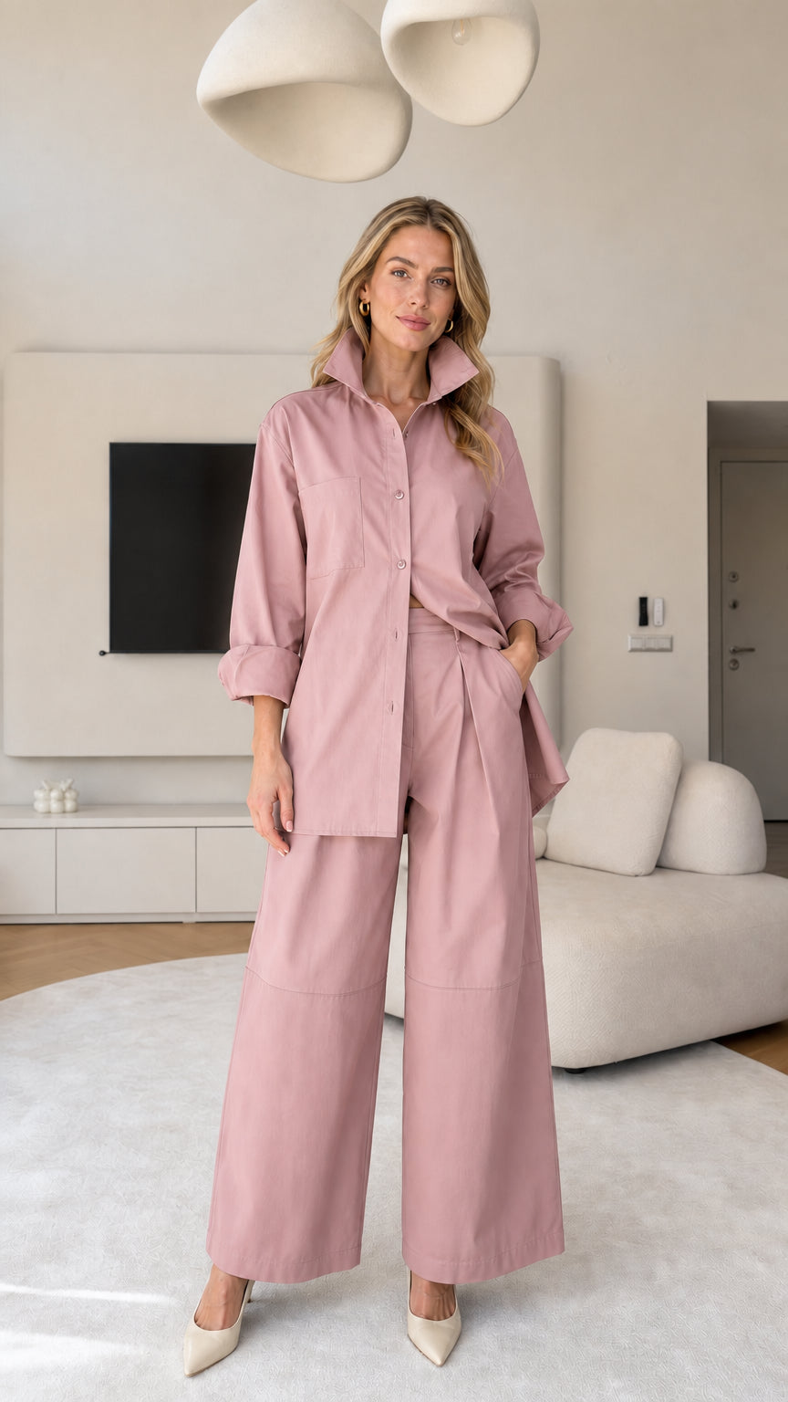 Front view of women's matching button-down shirt and wide-leg trousers set in Dusty Pink