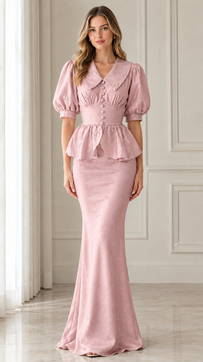 Front view of dusty pink embroidered collar peplum formal dress