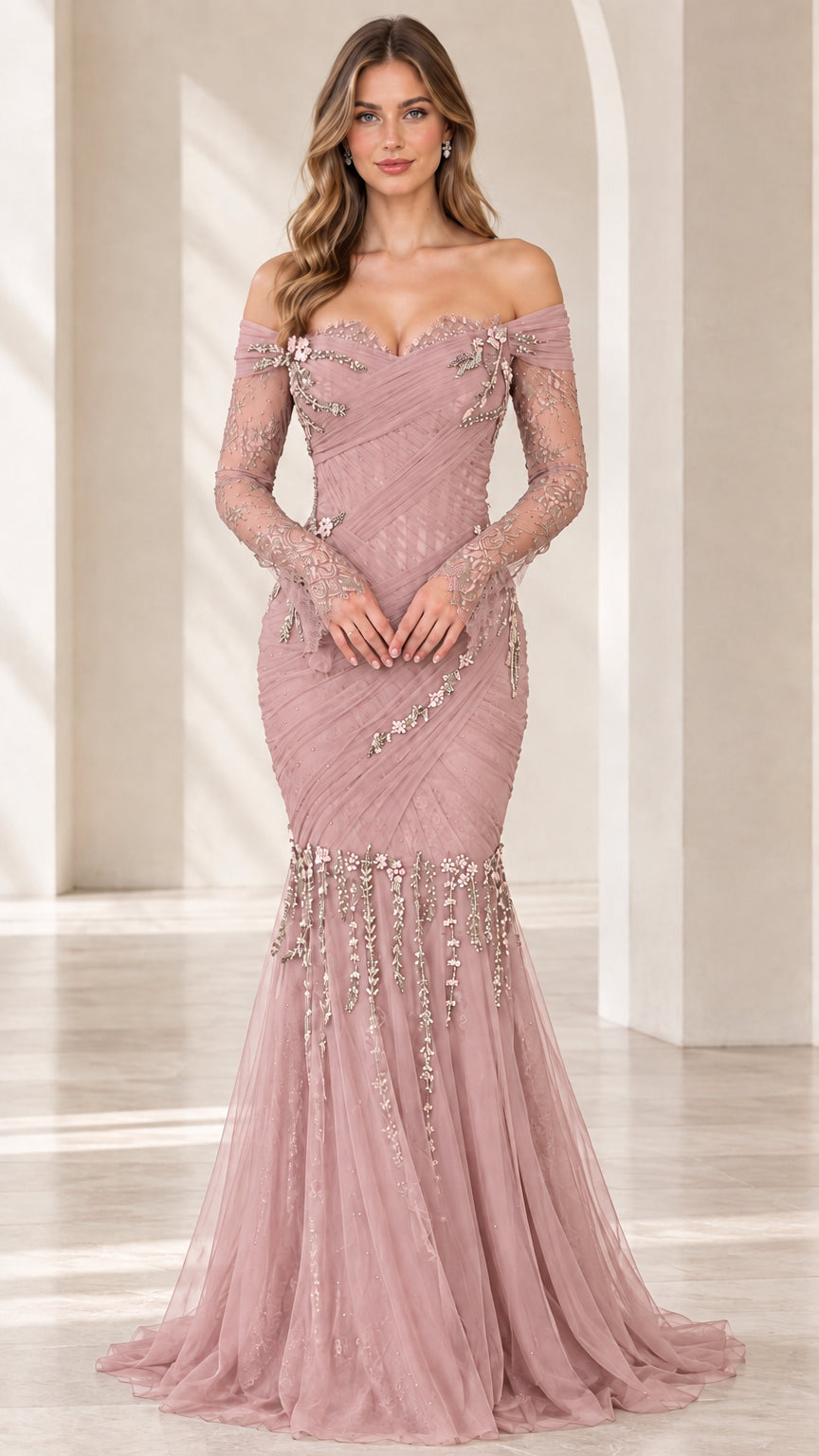 Model wearing off-the-shoulder dusty pink ruched lace evening gown