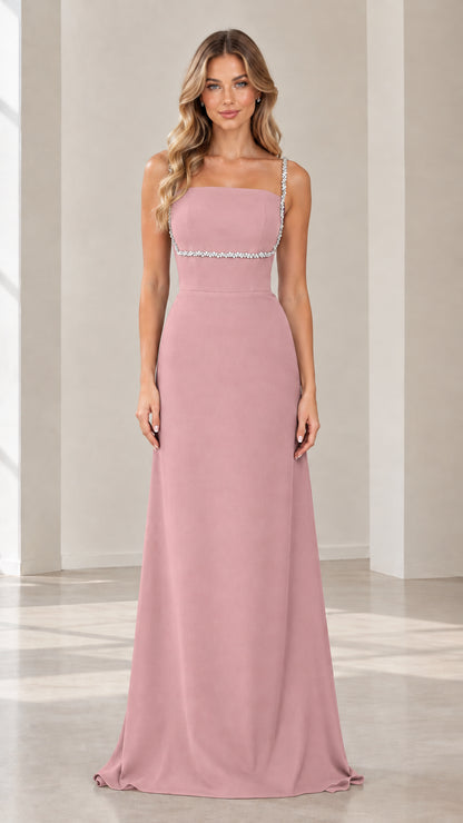 Front view of dusty rose pink formal maxi dress with crystal trim