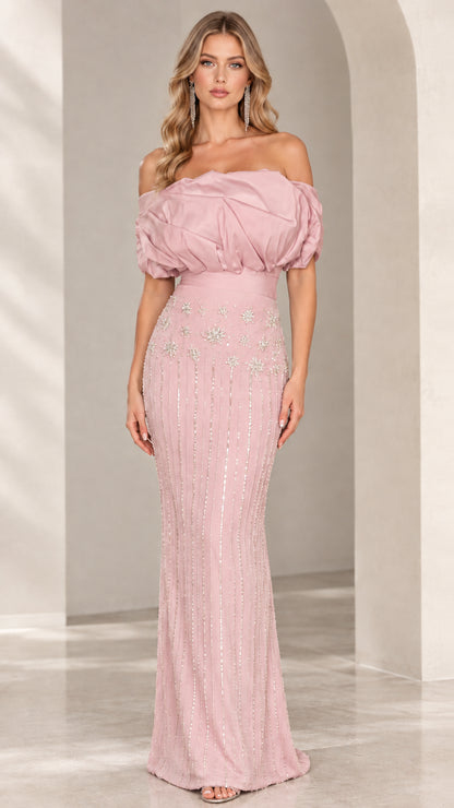 Blush pink off-the-shoulder beaded formal maxi dress