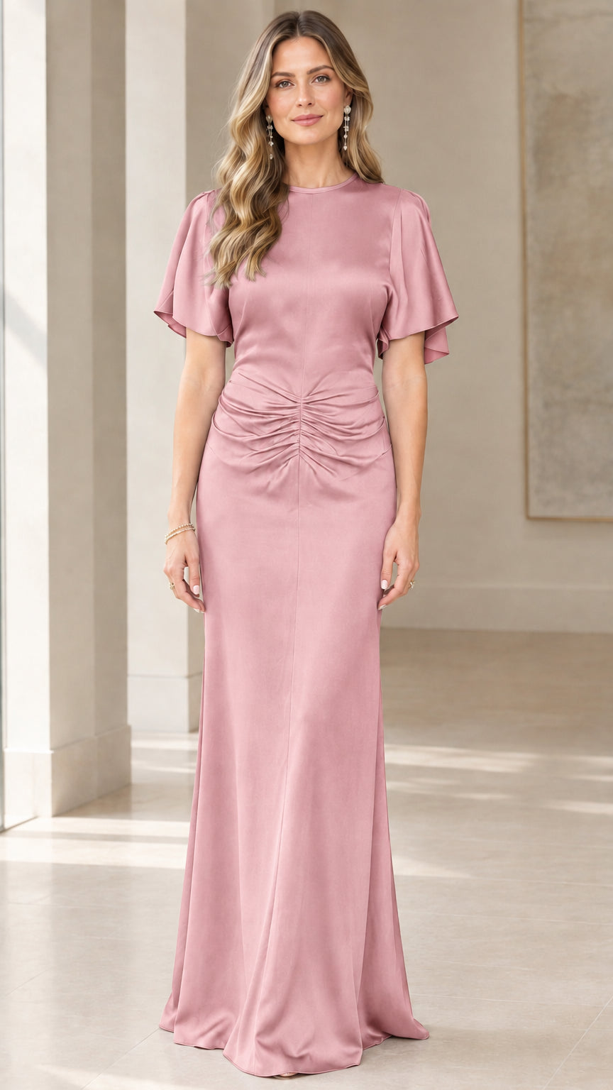 Model wearing Dusty Rose pink ruched waist flutter sleeve satin evening gown