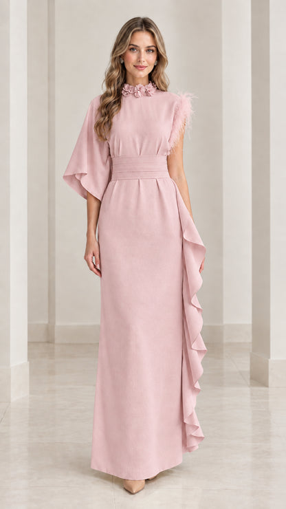 Blush pink asymmetrical formal maxi dress with cape sleeve and side flounce