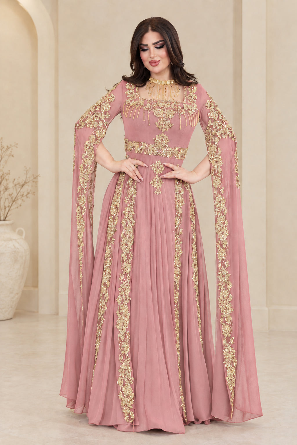 Dusty rose gold embellished cape sleeve formal maxi dress