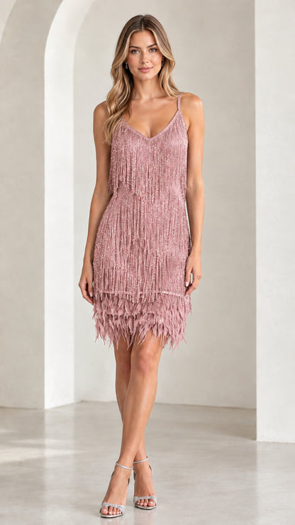 Front view of dusty pink fringe flapper cocktail dress