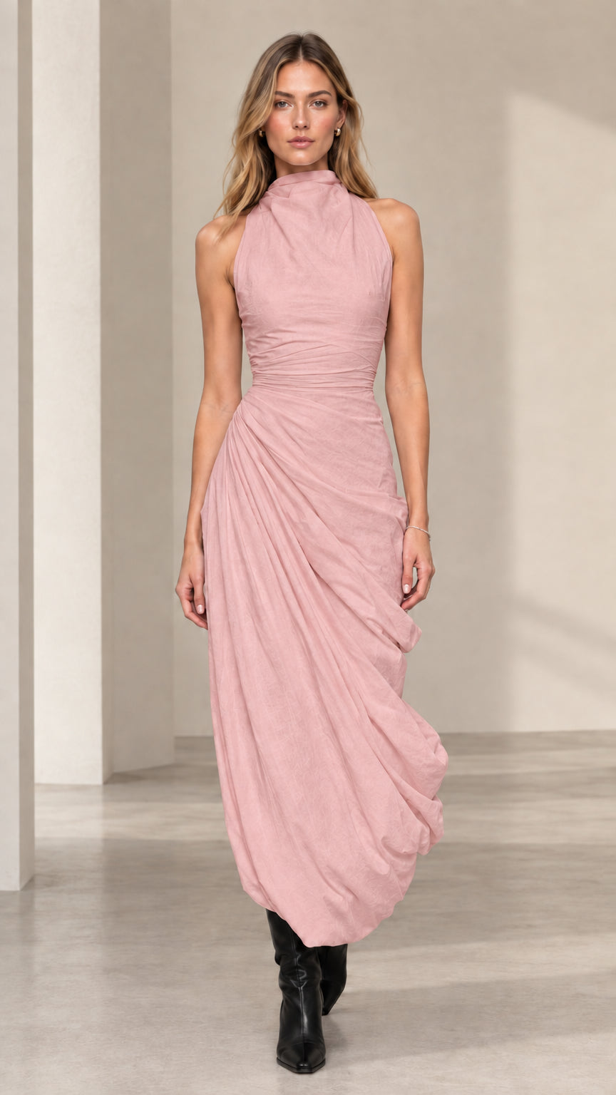 Front view of model wearing blush pink sleeveless ruched maxi dress