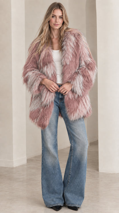 Model wearing dusty pink and grey chevron shaggy faux fur coat