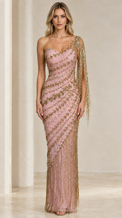 Front view of model wearing Blush Pink and gold one-shoulder beaded fringe evening gown