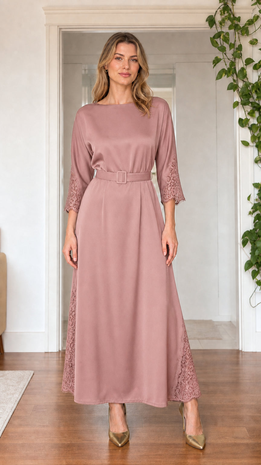 Front view of model wearing dusty pink satin maxi dress with lace inserts
