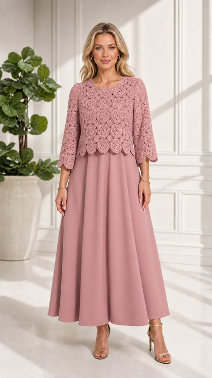 Full front view of dusty pink crochet lace overlay maxi dress