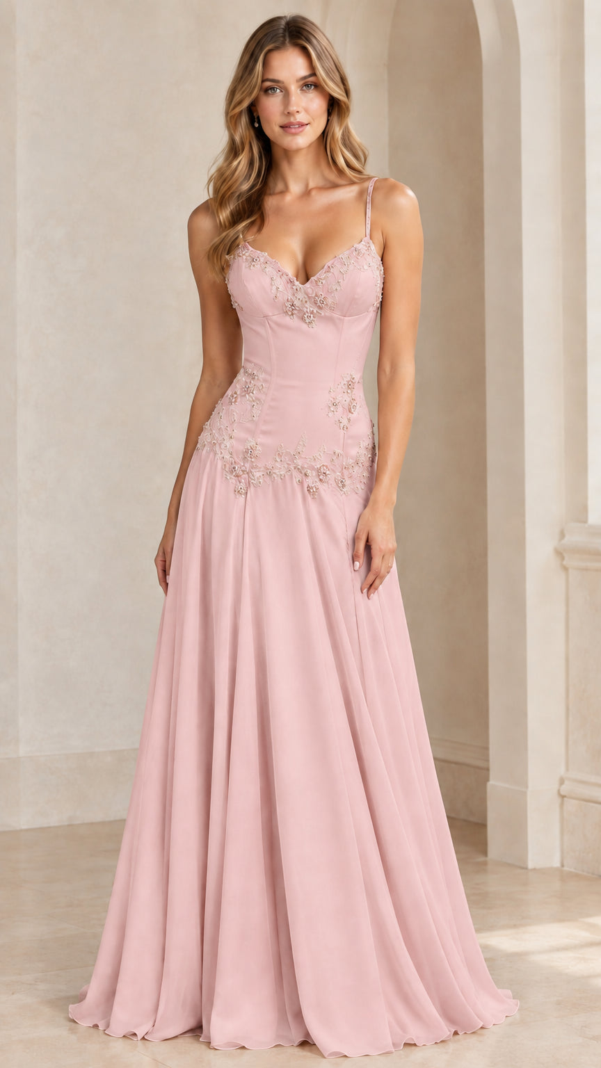 Model wearing blush pink sweetheart neck formal evening gown with tonal embroidery