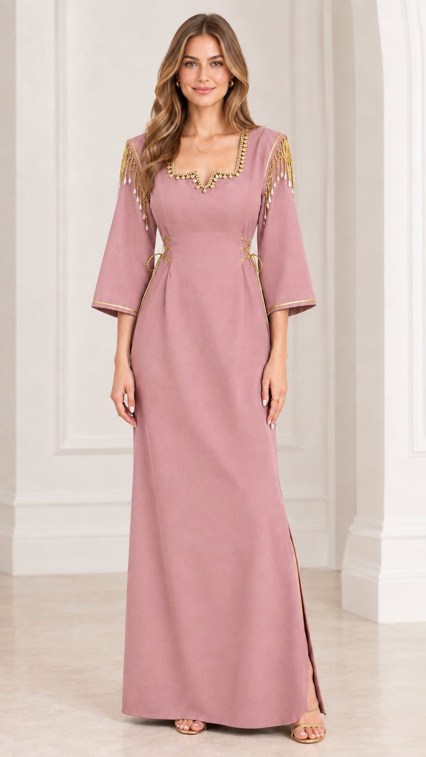Full-length view of dusty pink maxi dress with gold beaded shoulder details